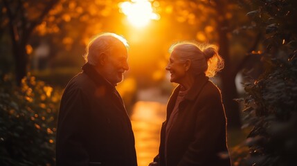 A heartwarming photograph capturing two elderly individuals facing each other amidst a serene autumn park bathed in golden sunlight.