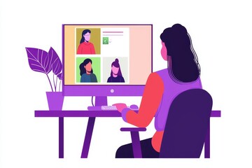 Video of a businesswoman chatting with colleagues at a computer