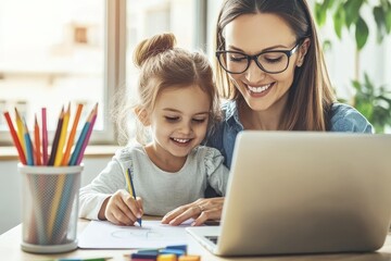 Fototapeta premium Work-at-home freelancer with her little daughter at a laptop.