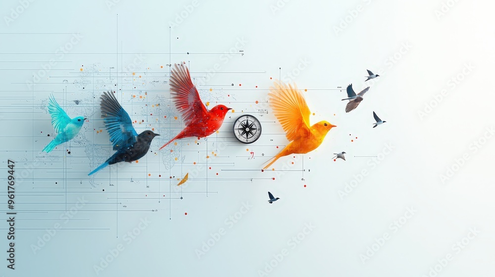 Poster artistic rendition of migratory birds with symbolic elements like compasses and maps