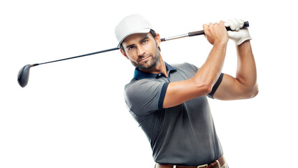 Golfer mid swing, focused on hitting the perfect shot