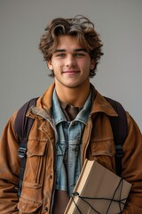 A young man wearing a brown jacket and blue jeans is smiling and holding a book