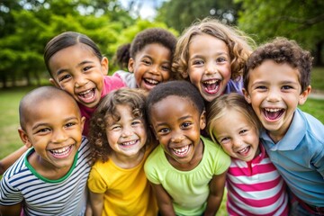 Fototapeta premium Group of happy kids smiling and having fun in sunlit park