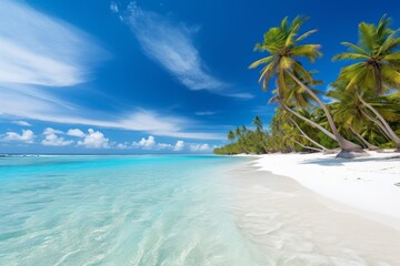 A beautiful tropical beach, coconut palms by the sea with turquoise water, a paradise island, a seaside resort. Summer background.