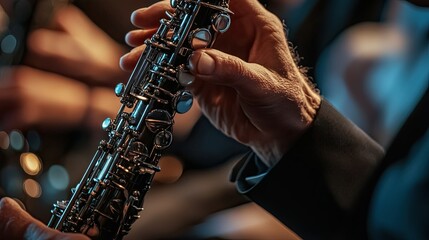 Fototapeta premium A close-up of a clarinetists hands and the silver keys, with the background blurred to focus on the intricate details of the instrument.