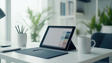 Fototapeta premium A clean, modern workspace with a designers tablet, a set of Pantone swatches, and a mug of coffee, suggesting a creative workday in progress.