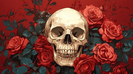 Human skull surrounded by roses, decay and beauty, flat design illustration