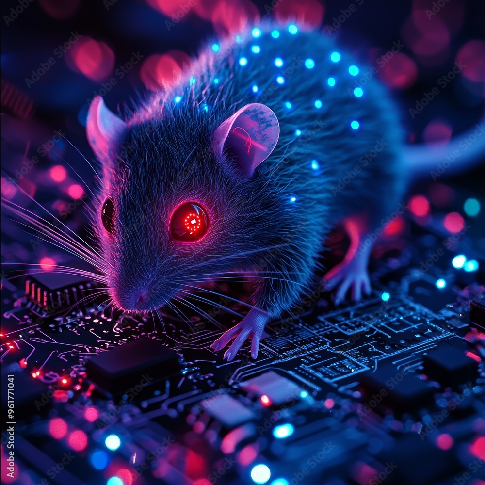 Poster the stick figure style fantasy rat has a led light circuit with isometric eyes, electrical circuit e