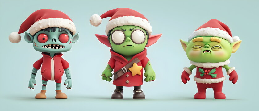 set of 3 Christmas characters in 3d clay design, including a Zombie, a Goblin with the silly face, and an cute Ogre, adorable and festive, isolated on a clean background,