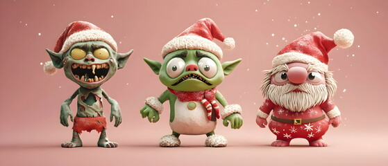 Fototapeta premium set of 3 Christmas characters in 3d clay design, including a Zombie, a Goblin with the silly face, and an cute Ogre, adorable and festive, isolated on a clean background,