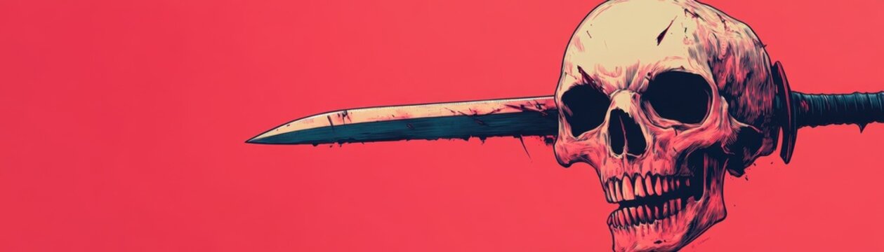 Skull with a dagger through, betrayal and death theme, flat design illustration