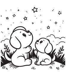 Cute dogs and star nature kid coloring page 