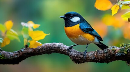 Close-up of a migratory bird perched on a tree branch with a vibrant backdrop