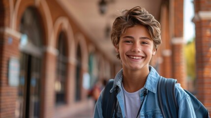 Naklejka premium A young man with a backpack and a blue shirt is smiling