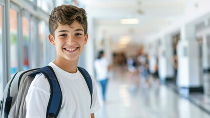A boy with a backpack is smiling in a hallway