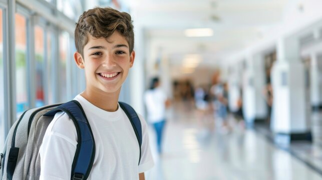 A boy with a backpack is smiling in a hallway
