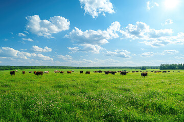 A Serene Summer Scene: Cattle Graze Tranquilly in a Lush Meadow Under a Bright Blue Sky, Adorned with Puffy Clouds.