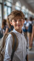 Fototapeta premium A young boy wearing a white shirt and backpack is smiling for the camera