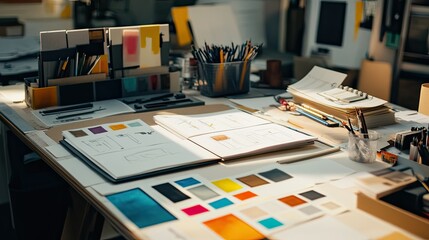 A designers workspace filled with open sketchbooks, color swatches, and digital tools, showcasing the early stages of a logo design project.