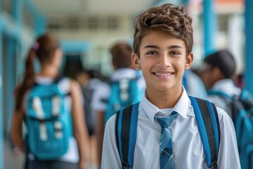Fototapeta premium A boy wearing a blue shirt and a blue tie is smiling for the camera