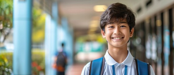 Fototapeta premium A young boy is smiling and wearing a blue backpack