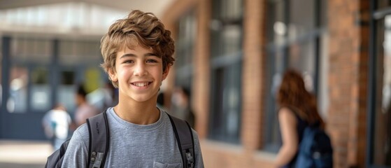 A boy with a backpack is smiling in front of a brick building
