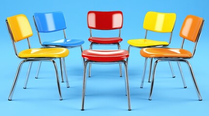 Fototapeta premium 3D rendering of five chairs arranged in oval shape on blue background, minimalist design