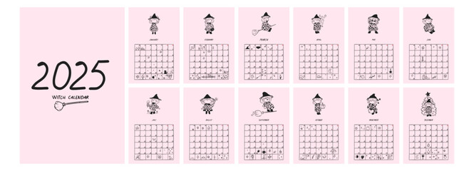 Funny witch calendar for 2025. Character concept. Trendy vector illustration.