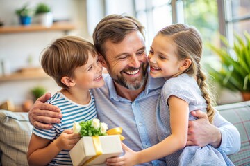Heartwarming family moment of smiling father with joyful children holding gift
