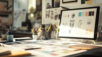 A graphic designers desktop featuring a logo design in progress, open color swatches, and a sketchbook filled with rough concept drawings.