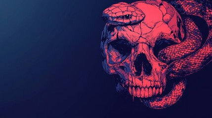 Skull with a snake wrapped around, symbolism of danger, flat design illustration