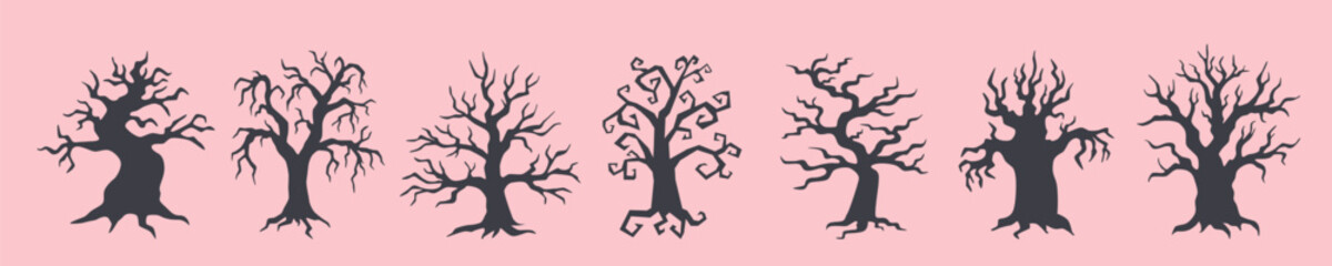 Set of Halloween black trees on pink background. Halloween concept. Halloween objects.	
