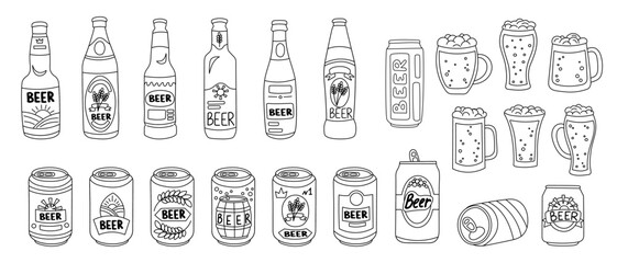 Set of beer bootles, cans and mugs in doodle style on white background. Oktoberfest concept. Beer festival concept. Beer brewing concept.	