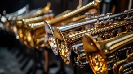 Fototapeta premium A row of brass instruments, including trumpets and trombones, lined up backstage before a big concert, waiting to be played.