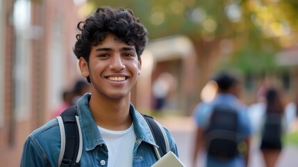 Naklejka premium A young man with curly hair is smiling and holding a book