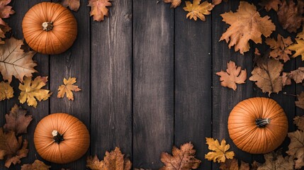 Three vibrant orange pumpkins surrounded by autumn leaves on a rustic wooden table.