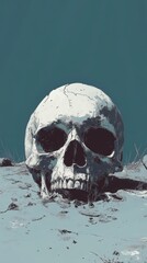 Skull on a battlefield, symbolic death in war, flat design illustration