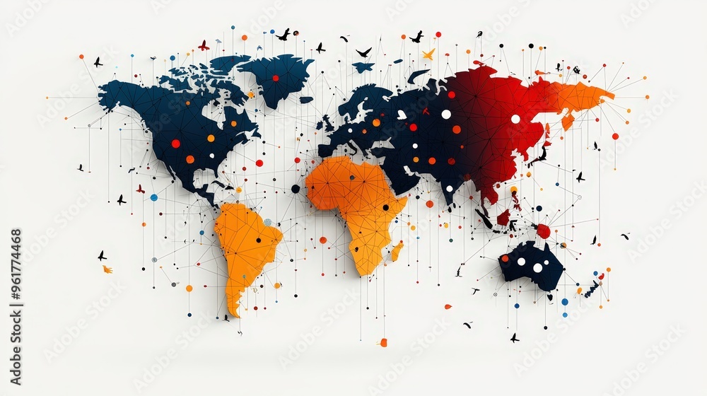 Poster Map highlighting the migration paths of various bird species across continents
