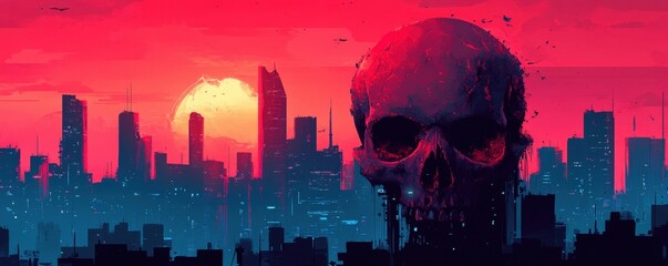 Skull in a futuristic cityscape, urban decay, flat design illustration