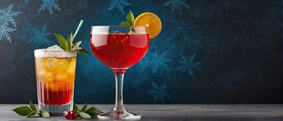 Two refreshing cocktails with ice, garnished with lemon and mint on a wooden table against a snowflake background.