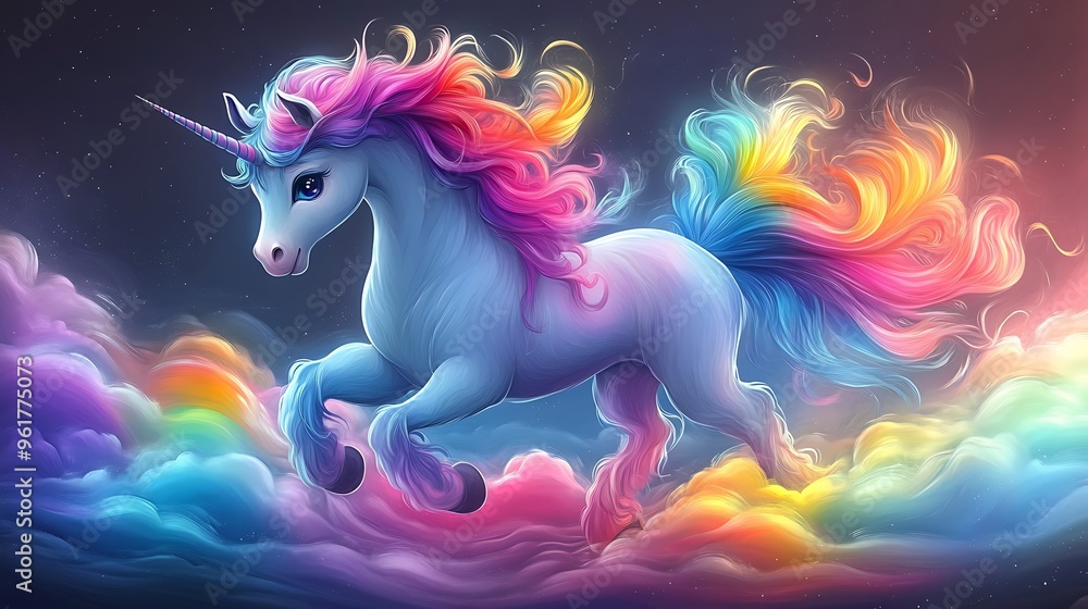 Wall mural Magical Rainbow Unicorn Soaring Through Colorful Clouds.