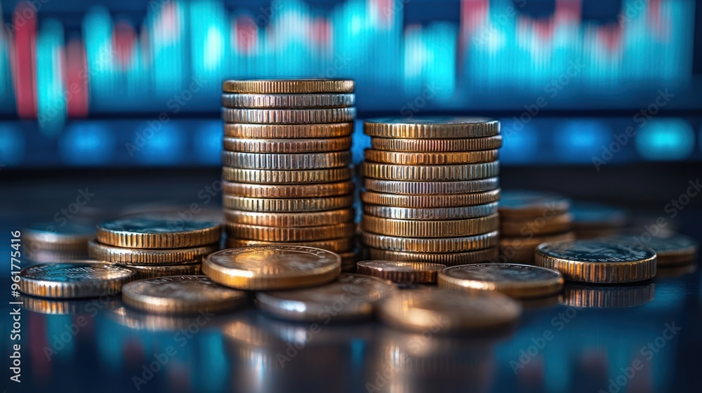 Poster stacks of coins in front of a stock chart