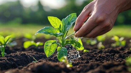 Hand Watering Sapling in a Field