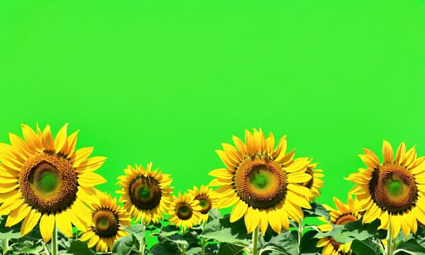 Rows of sunflowers sway softly in the breeze, their golden petals glowing softly against a green screen background, making it perfect for post-production compositing work