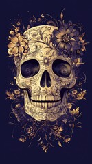 Skull with intricate floral patterns, symbolic death, flat design illustration