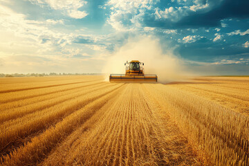 Fototapeta premium A lone combine harvester cuts through a vast golden field, kicking up dust under a cloudy sky. The scene evokes a sense of hard work and the cycle of nature's bounty.
