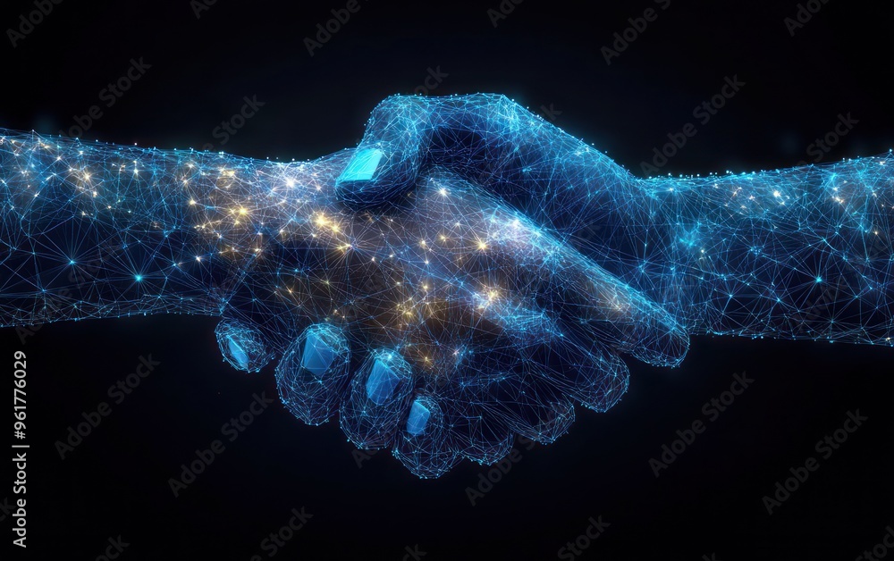 Poster digital handshake: a symbol of collaboration and connection in the digital age