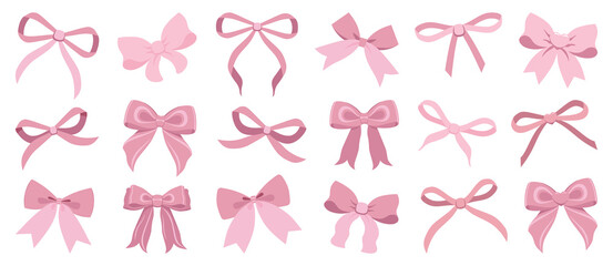 Vector Illustration of pink vintage bows. Girly hair decor, flat icon. Ribbons isolated. Trendy girls accessories. Cute hairstyle elements collection. Simple hand drawn bow collection. Bowknot for dec