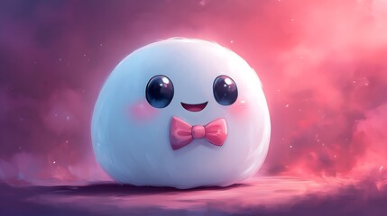 Cute White Character with a Pink Bow Tie in a Pink and Purple Sky.