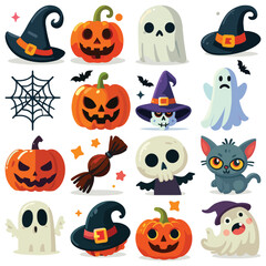 Cartoon Halloween icons, colorful vector illustration, spooky decorations for Halloween theme